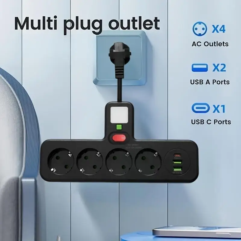 Wall-Mounted Multi-Function Power Hub with USB & Type-C Ports