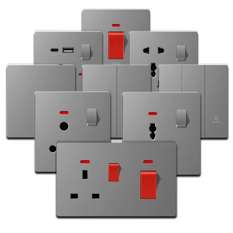 เต้ารับไฟฟ้าแบบมาตรฐานอังกฤษ 146 แบบ 13A พร้อมพอร์ต USB Type-C, สวิตช์ 1/2/3/4 ช่อง 2 ทาง, สีเทา เต้ารับไฟฟ้าแบบ 3 ขา สำหรับติดผนัง 1