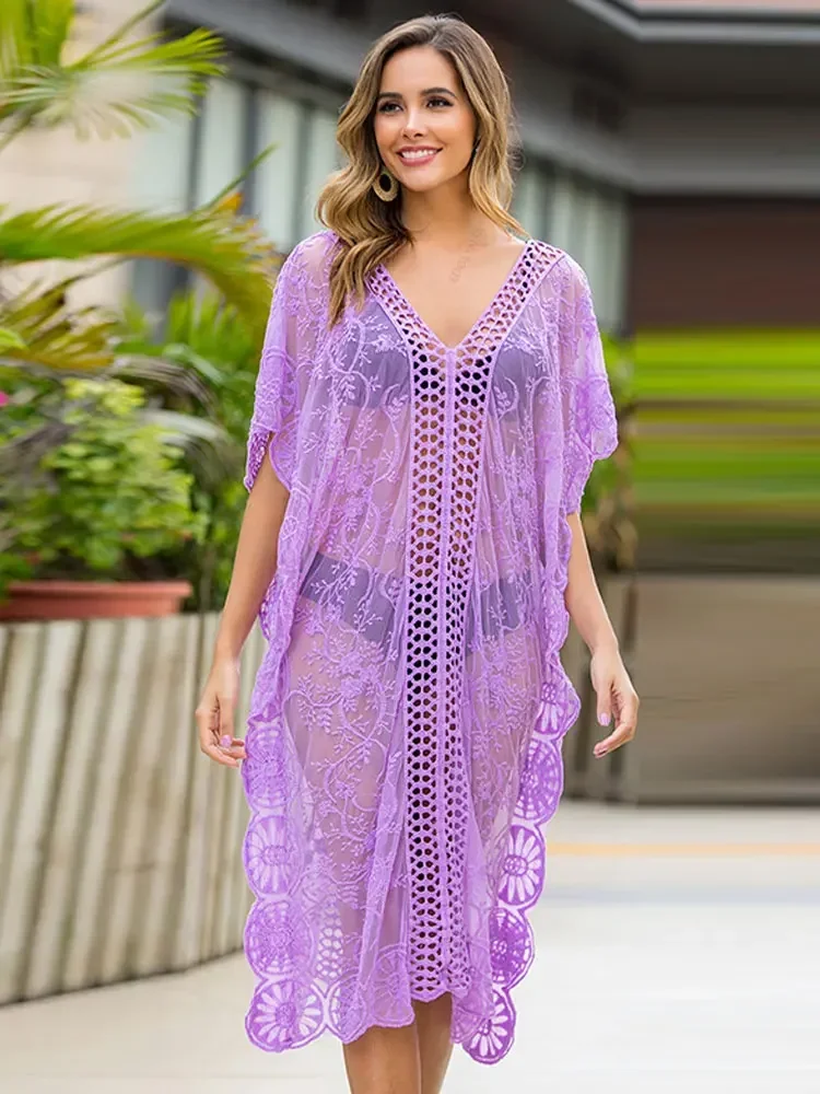 Tunics For beach Long Lace Beach Dress Women Swim Cover up Plus size Saida de Praia Robe de Plage Kaftan Beach Cover up A364 beach cover swimsuit cover beach dress