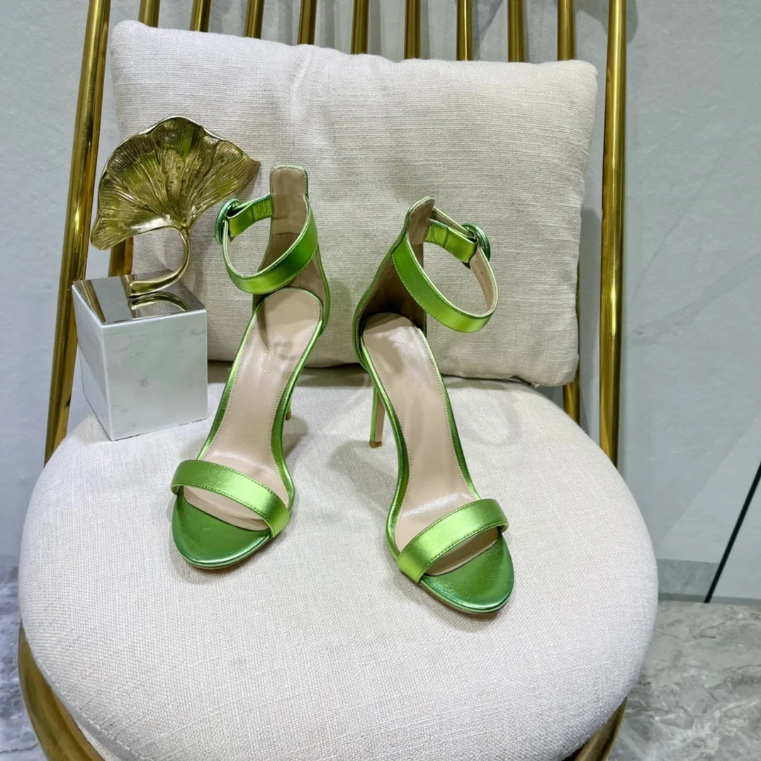 2024 Summer New Genuine Leather High Heels Women's One line Buckle Pointed Thin Heels Versatile Simple Open Toe Sandals