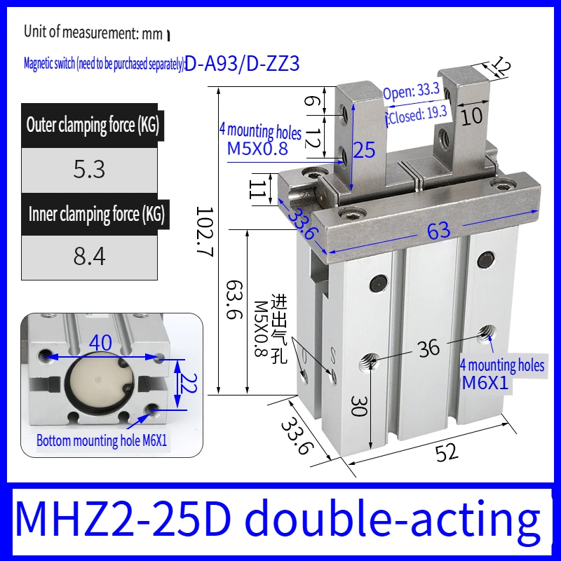 Cilindro Pneumatico A 2 Dita MHZ2/MHZL2 In Alluminio, Serie 10D-40D Con Doppio Effetto E Sensori Opzionali