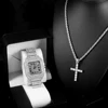 3pcs Stylish Jewelry Set Hip-hop Punk Inlay Diamond Square Quartz Watch With Cross Pendant Necklace For Men Women Party Gift Box 2