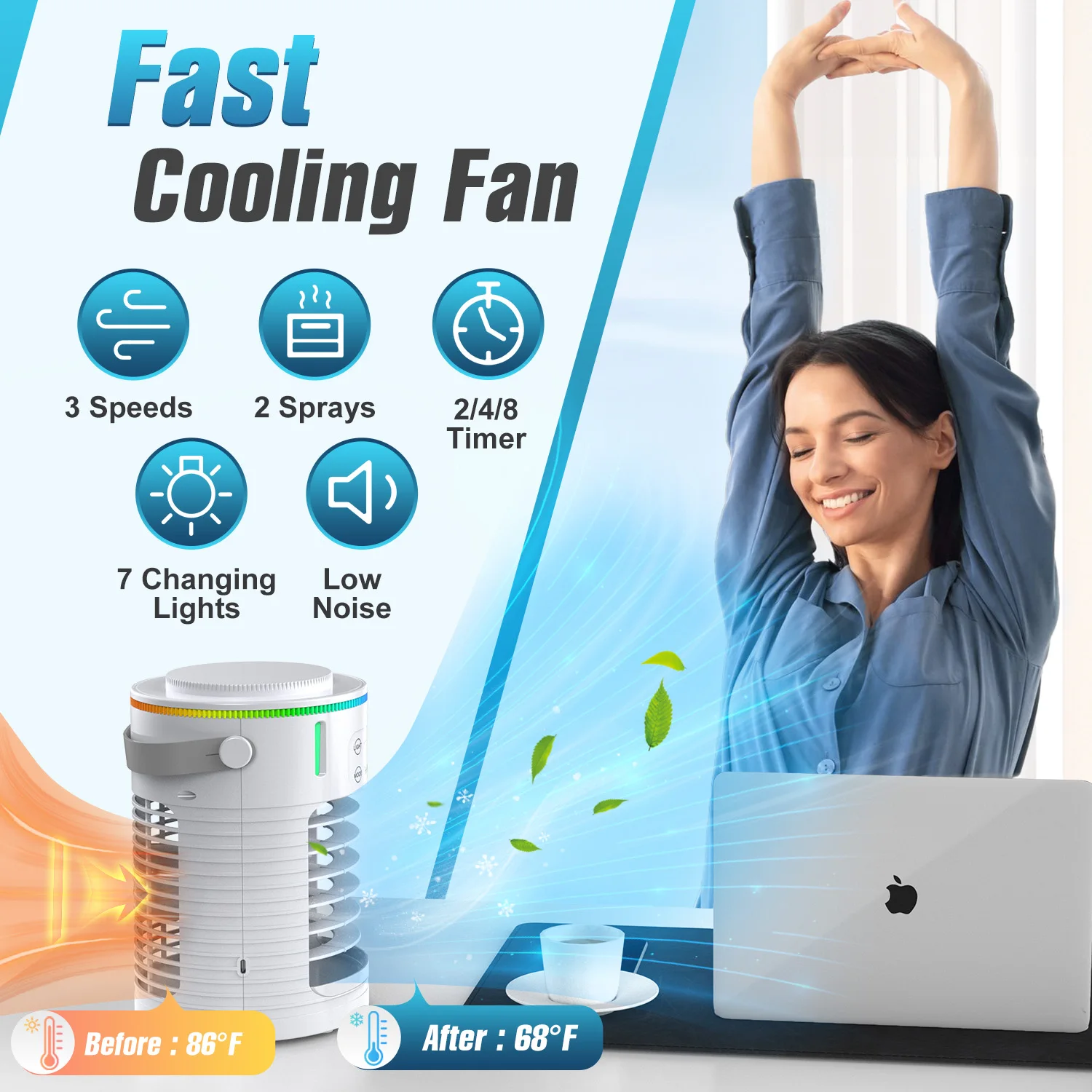 Portable Water Cooling Fan Small Air Humidifier Air Conditioner Water Mist Cooling 4 Speed Fan With Night Light For Home Office