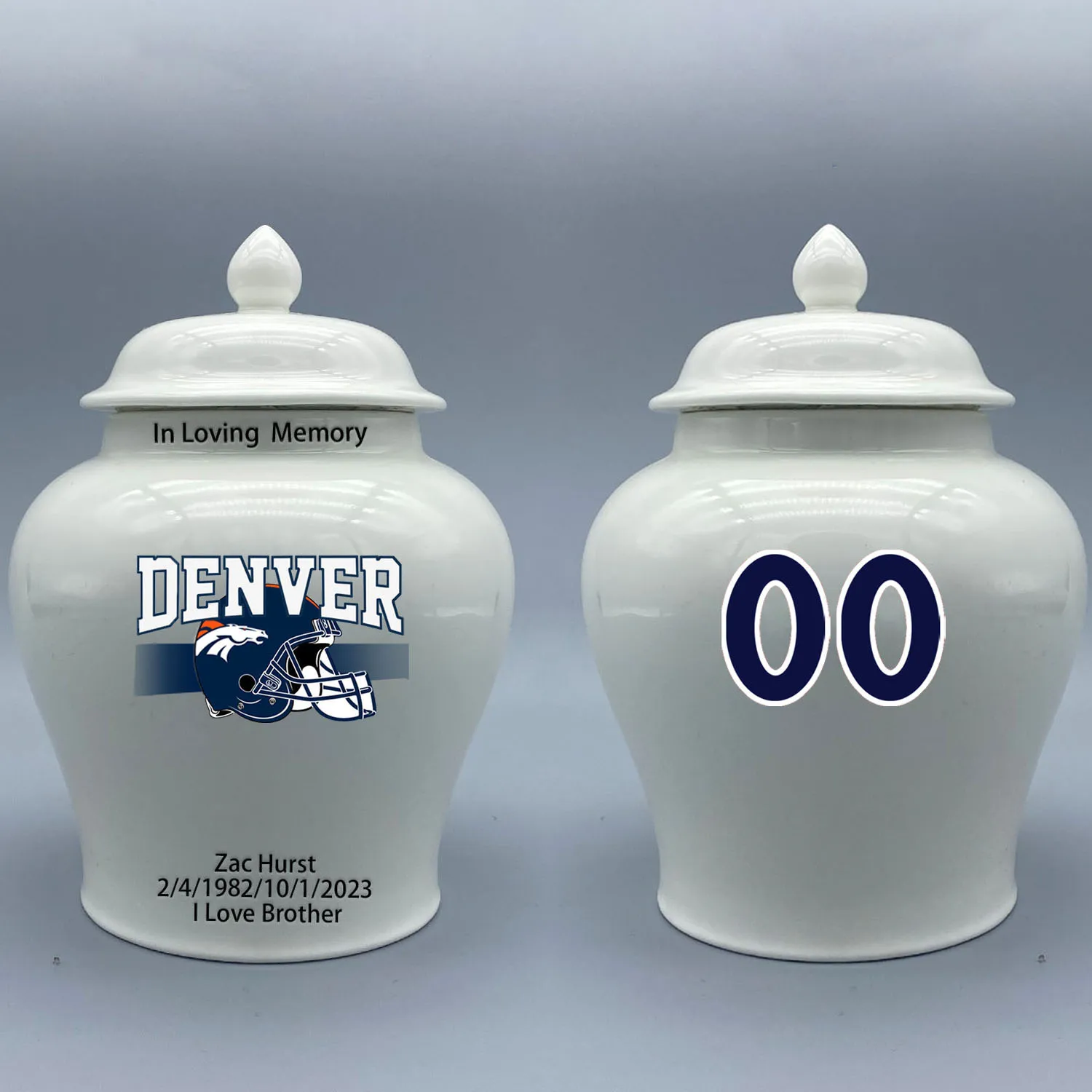 

Medium Urn for Denver Broncos-themed Logo Urn.Please send me the customize information-name/date and number on the urn