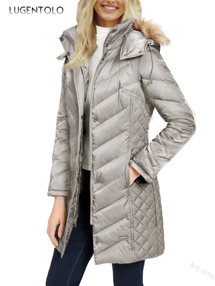 

Women Slim Warm Parkas Hooded Solid Puffer Jacket Autumn Winter Zipper Female Loose Fashion Casual Long Coat Lugentolo