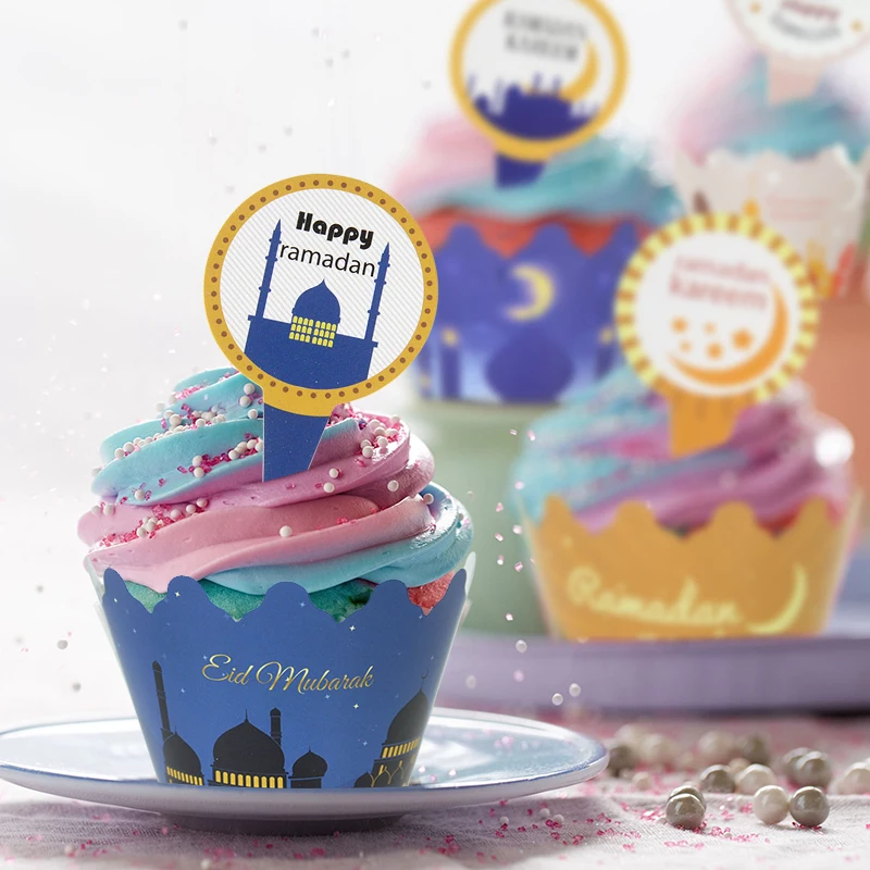 

24pcs/set Eid Mubarak Cake Toppers Cupcake Wrappers Ramadan Kareem Decoration Home Islamic Muslim Festival Party Dessert Decor