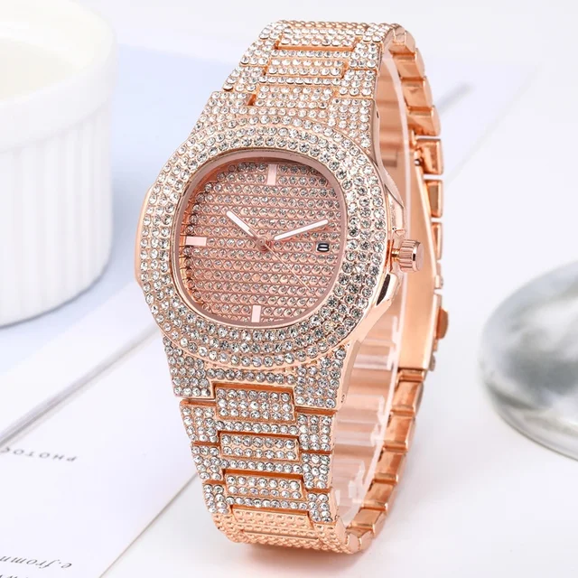 Luxury Full Diamond Men's Stainless Steel Watches Male Sports Quartz Wristwatch with Calendar 2