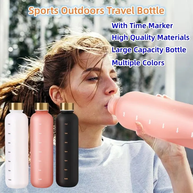 Collapsible Water Bottle Bicycle Water Bottle Water Bottle Sports Bottle 1L Bottle With Time Marker 32 OZ Motivational Reusable Fitness Sports Outdoors Travel Cycling Leakproof BPA Free Frosted Bottle