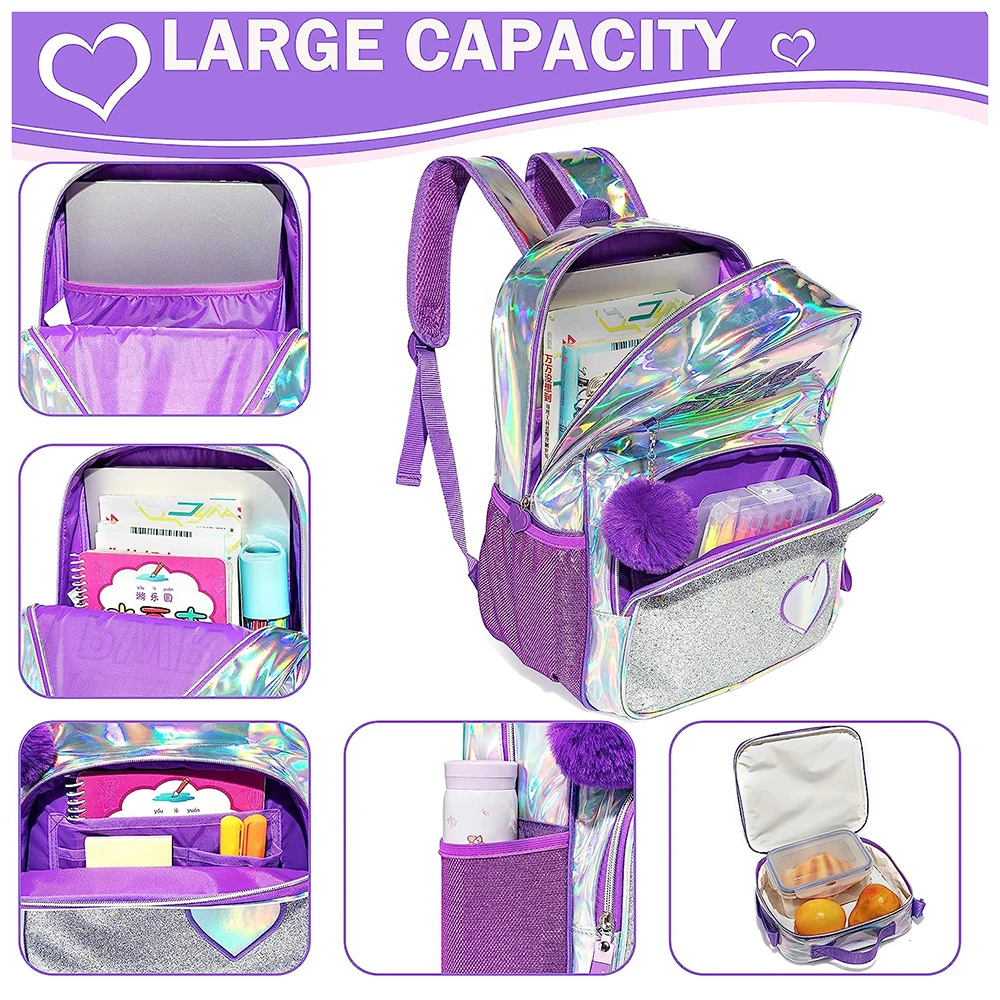 New School Backpack Girls 16 Inch Girls Backpack Sequin Backpack with Lunch Box Backpack Women Girls School Supplies Set Bags 3