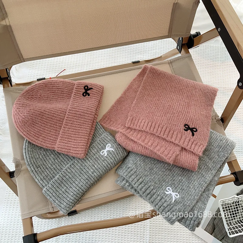 2PC Cute Bow Embroidery Children's Knitted Hat Scarf 2-piece Set Solid Color Girl Baby Versatile Set