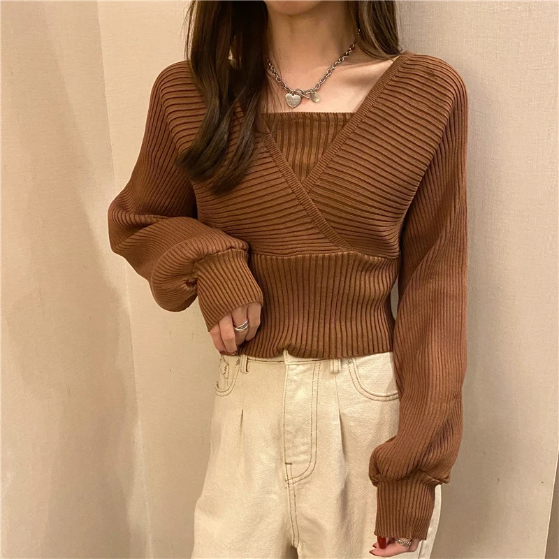 turtleneck Lucyever 2021 Spring New Fake Two Piece Lantern Sleeve Sweater Women Sexy Off Shoulder Knit Pullover Female Slim Crop Sweaters cardigan for women