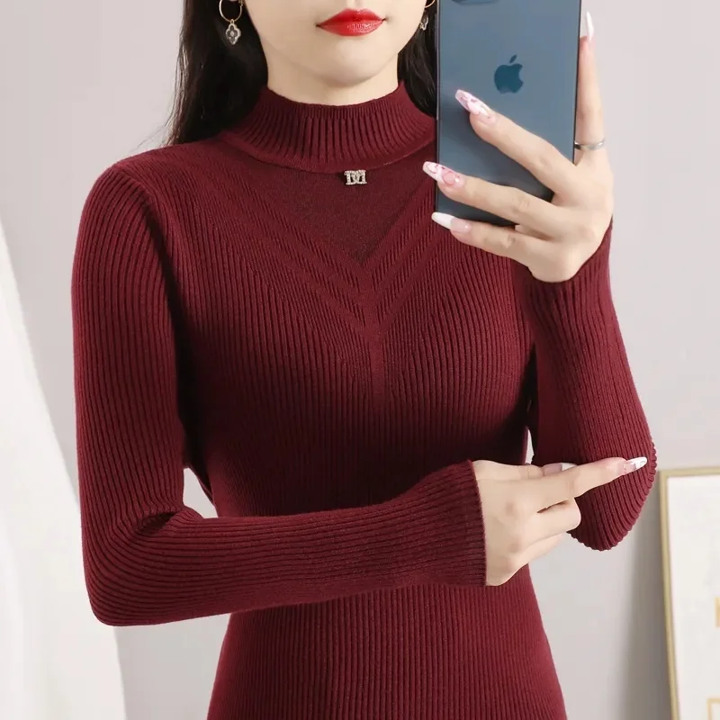 

Женский свитер осень-зима новинка 2023 кружевной сетчатый однотонный облегающий пуловер с полувысоким воротником вязаная нижняя рубашка внутри