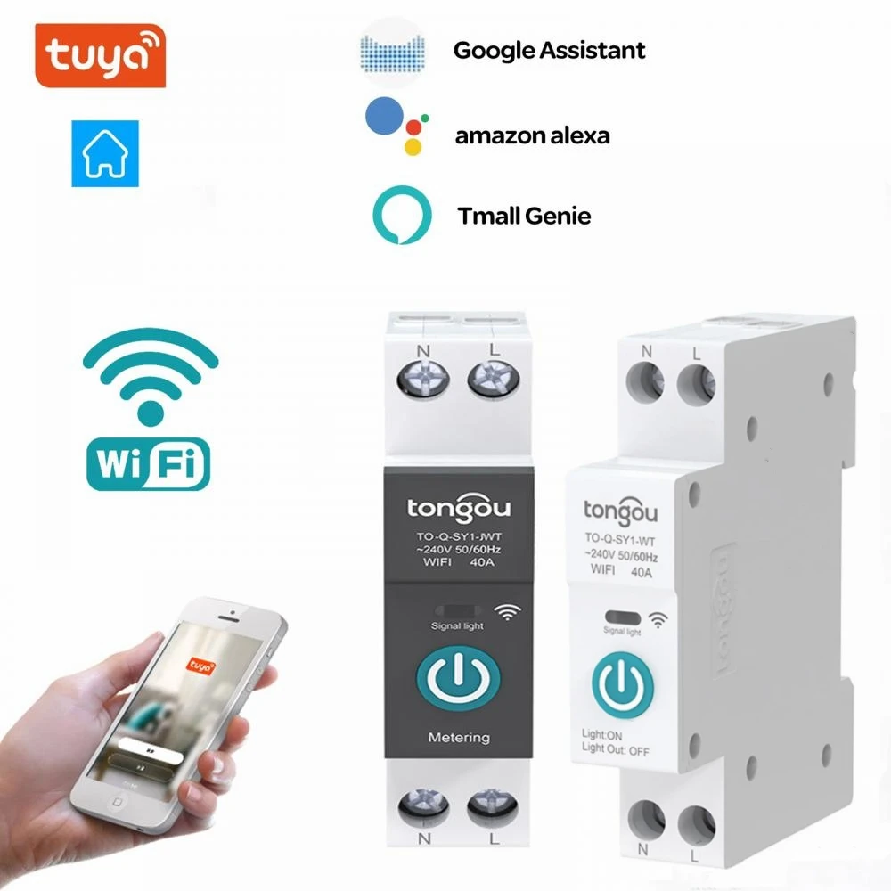 

TUYA WIFI Smart Circuit Breaker With Metering 1P 63A Rail DIN for Smart Home Wireless Remote Control Switch For App