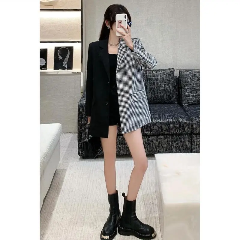 2023 Autumn Women Fashion Blazers Unique Patchwork Houndstooth Loose Suits Jacket Korean Lady Graceful Coats with Waistbelt