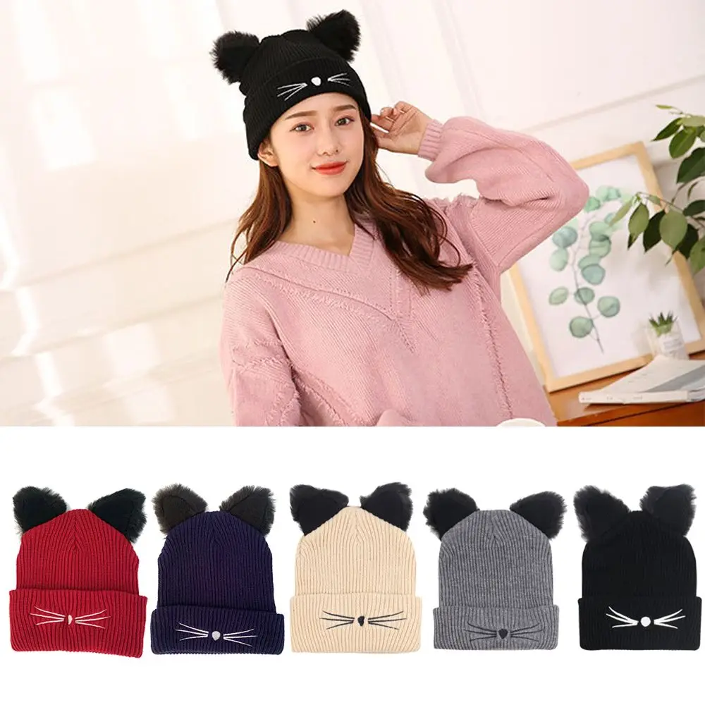 

Warm Crochet Devil Horns Women Hat Cat Ear Cap Knitted Acrylic Beanie