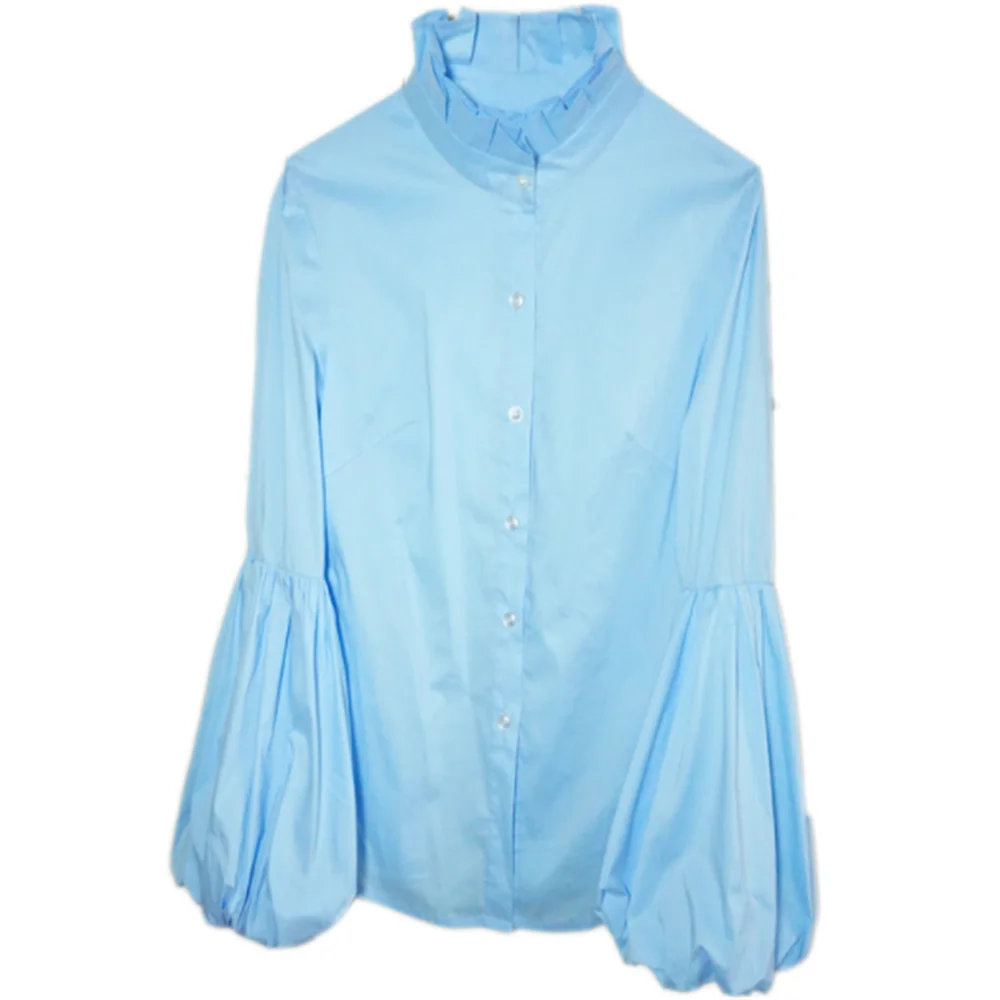 

Тонкая элегантная винтажная рубашка с воротником, синяя рубашка с рукавами-фонариками, женский топ с длинными рукавами-фонариками