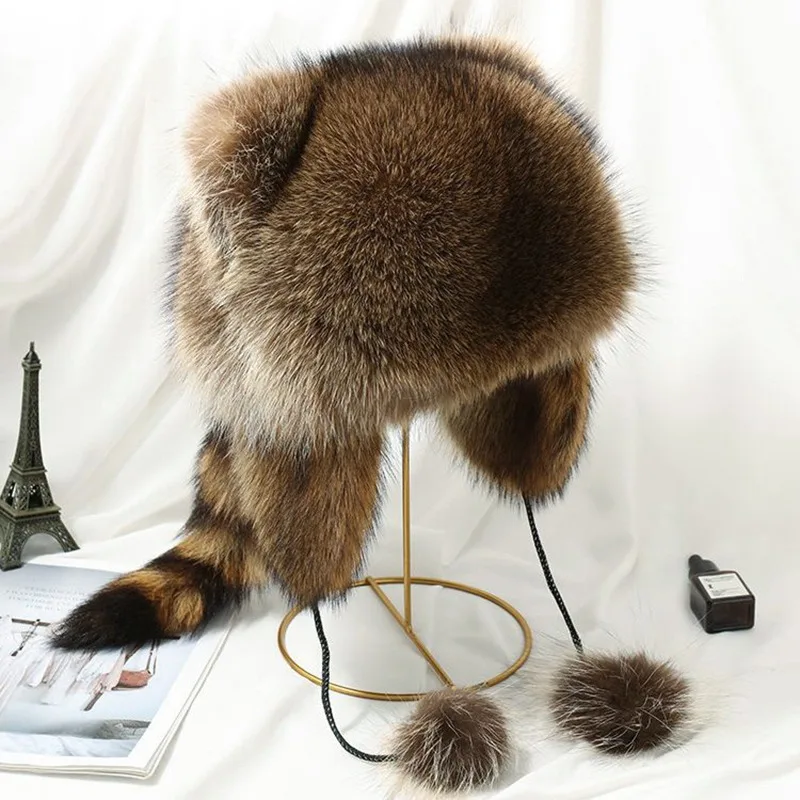 Winter Fur Hat Raccoon Fur Cap Tail Women Natural Ushanka Hats Thick Warm Ears Fashion Bomber Pom Pom Hat