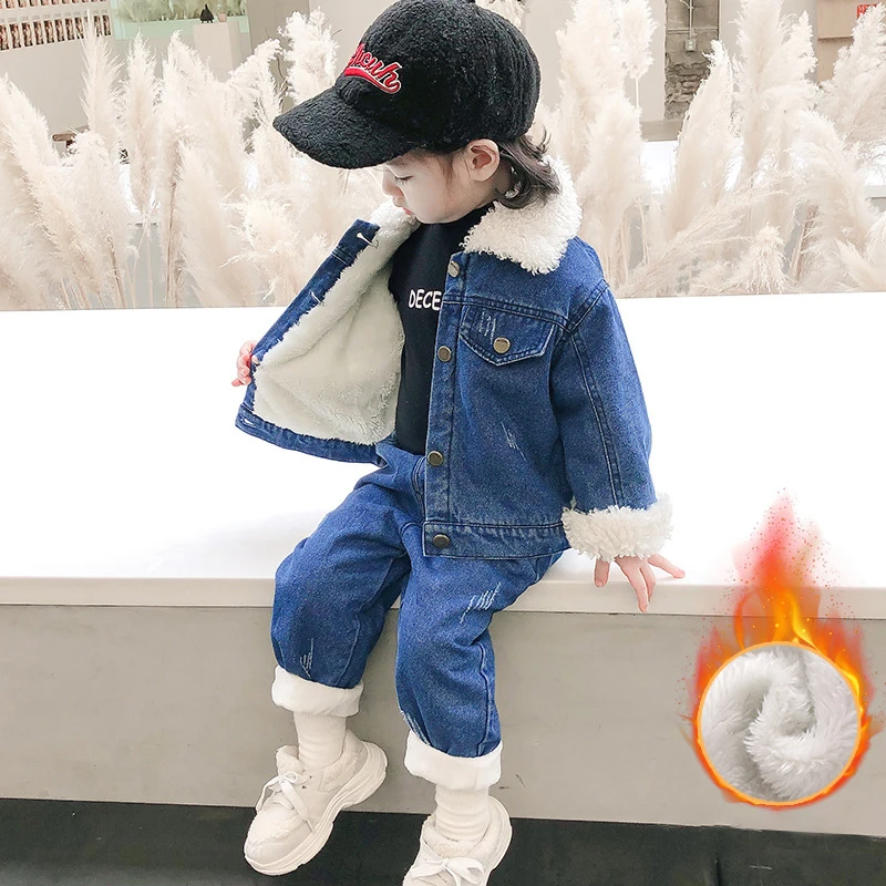 

Autumn Winter Children's Sets New Girls' Jeans Fleece Thickened Warm Denim Coats Baby Girls' Boy Fashion Two Piece Suits