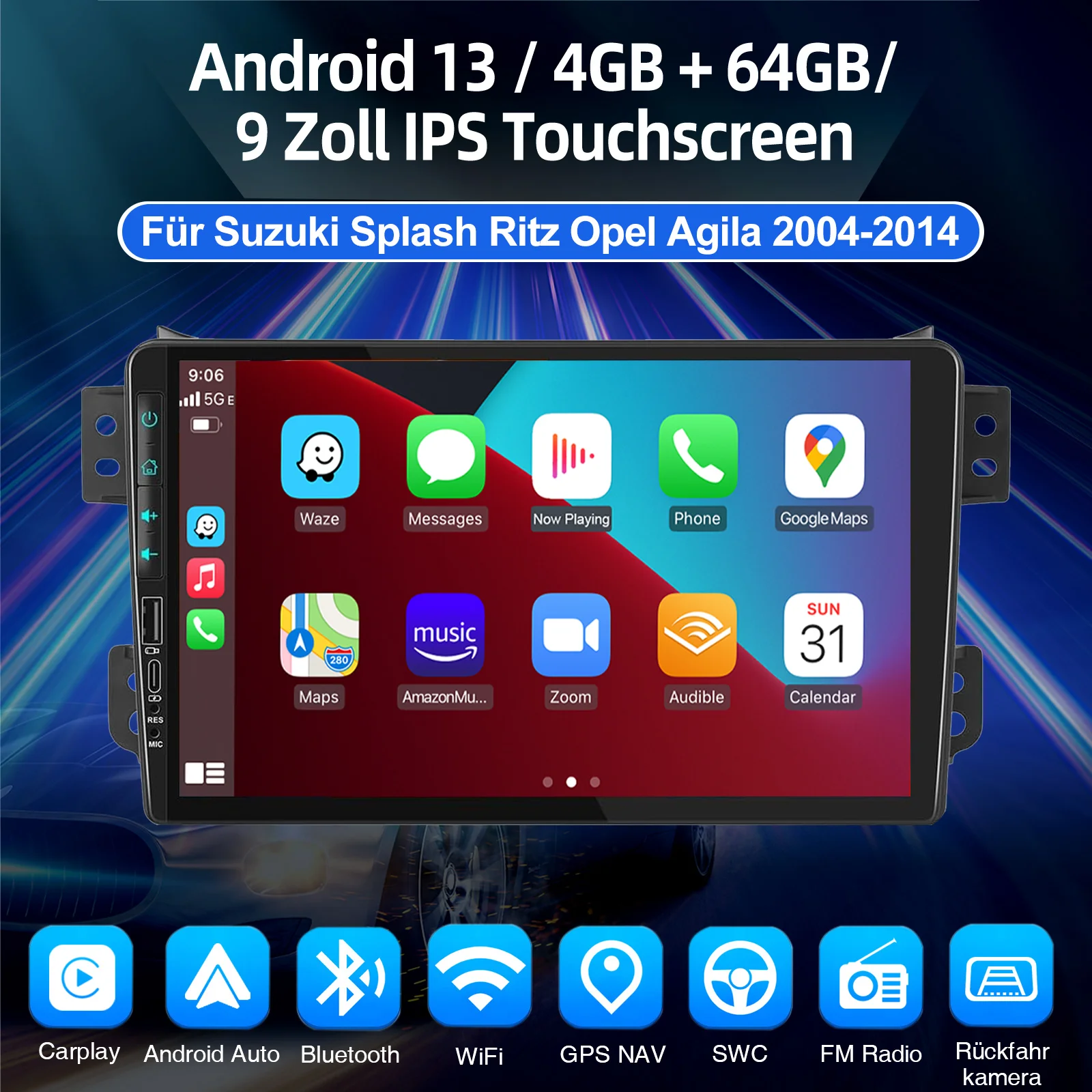ESSGOO 2 DIN 9-Zoll Android 13 Autoradio Wireless CarPlay Android Auto USB Für Suzuki Splash Ritz Opel Agila GPS-Navigation Lenkradsteuerung WiFi Bluetooth FM Mirror Link RDS Multimedia-Videoplayer – Detail 1