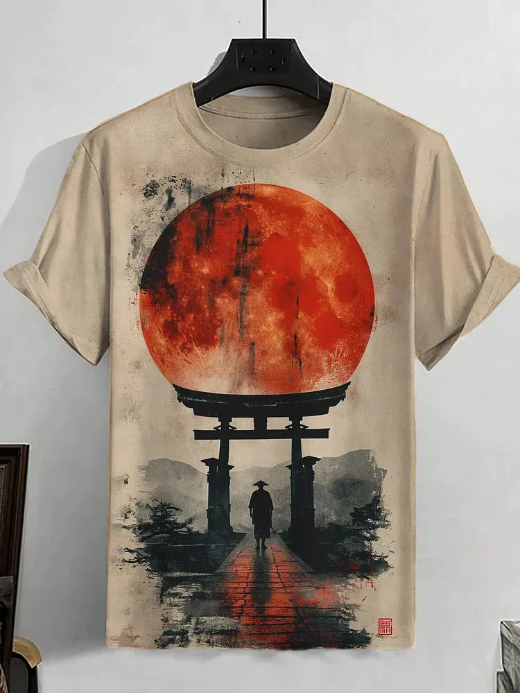Mens Summer Casual Ukiyo-e Print Short Sleeve T Shirt