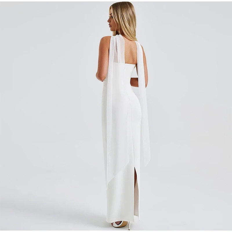 Vintage Pleated Tube Long Dresses Women Elegant Solid Slim Fit Sleeveless Dress With Silk Scarf Gloves Female Summer Evening