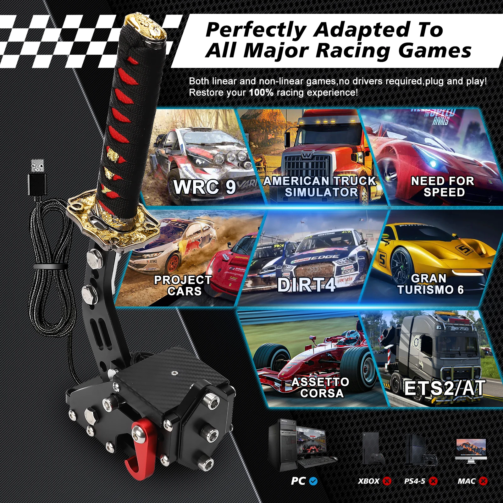 CNSPEED USB Katana Handbrake 15CM Samurai Sword Peripheral SIM Racing Games For PC USB G25/27/29 T300 T500 Black Without Clamp