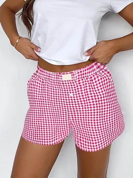 Teen Girls Plaid Shorts Elastic Waistband Pull-On Casual Lounge Summer Outfit Red Blue Color Women's Fashion 1