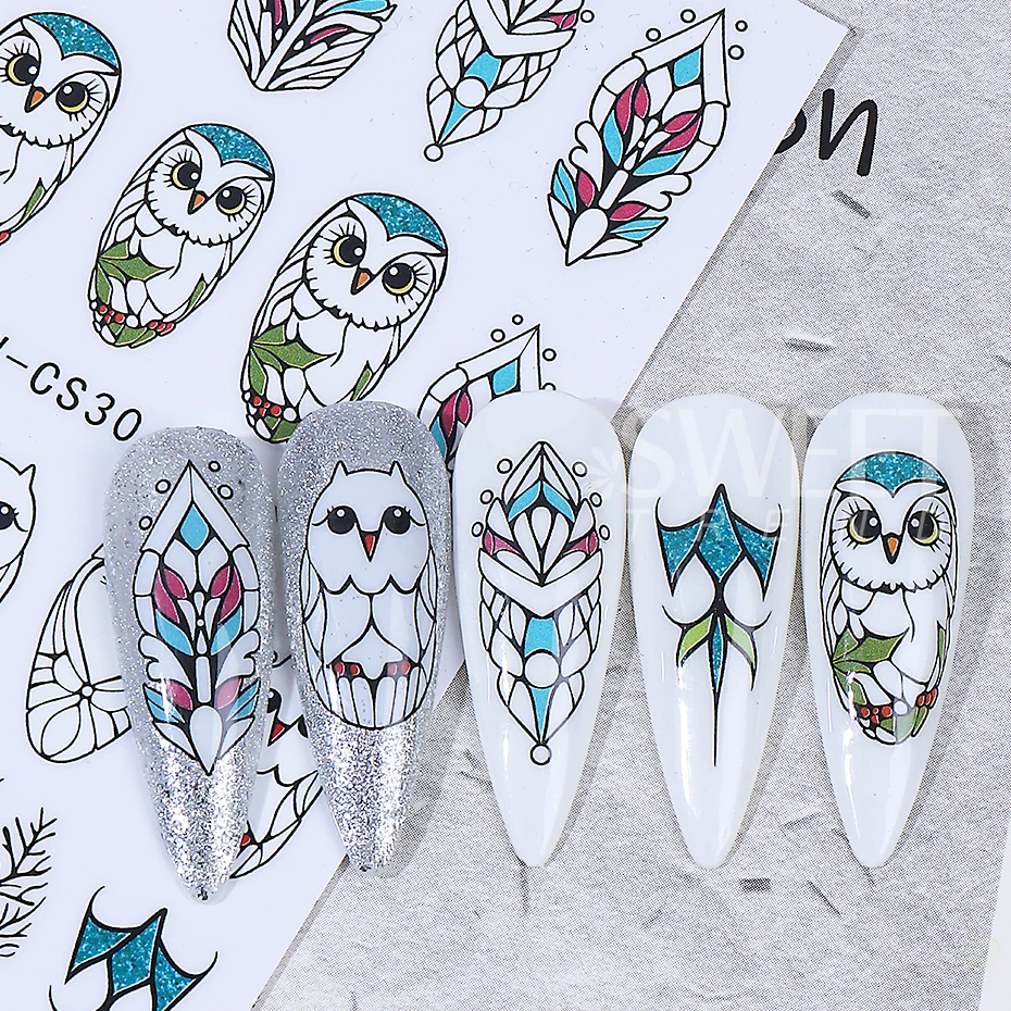 2pcs Owl Design Nails Stickers Silver Glitter Leaves Line Owl 3D Self-Adhesive Nail Decals DIY Autumn Winter Manicure Decoration