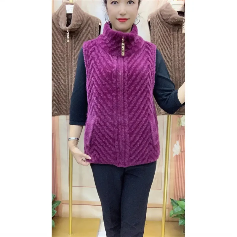중년 노인 어머니 안티 밍크 벨벳 조끼 재킷, 여성 가을 겨울 새로운 2023 민소매 가디건 조끼 코트 여성