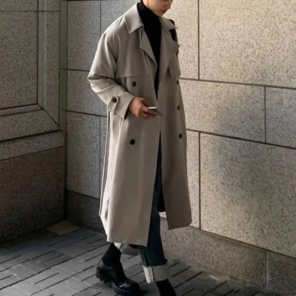 Men Windbreaker Coat Lapel Long Sleeve Double Breasted Trench Coat with Pockets Solid Color Loose Fit Autumn Winter Mid-length O