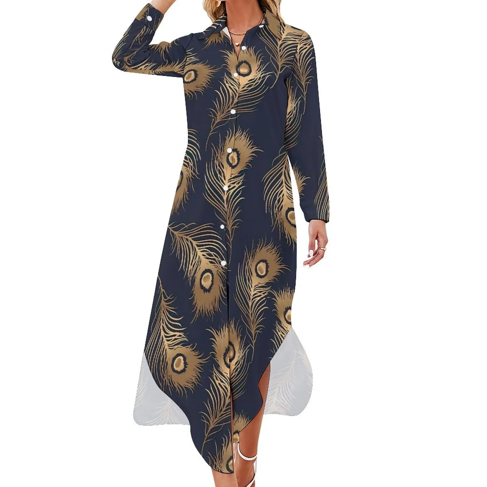 

Peacock Casual Dress Golden Animal Feathers Stylish Dresses Sexy V Neck Cute Chiffon Dress Long Sleeve Vestidos 4XL 5XL 6XL