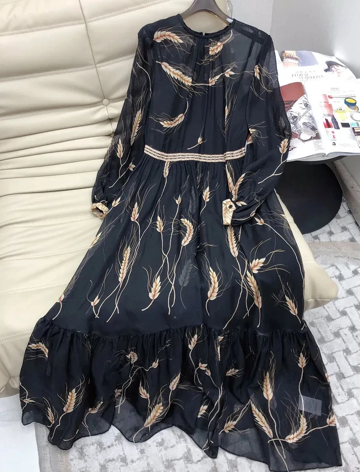 

100% шелк 2024 весенние женские длинные платья с принтом пшеницы элегантное ТРАПЕЦИЕВИДНОЕ ПЛАТЬЕ С Длинным Рукавом