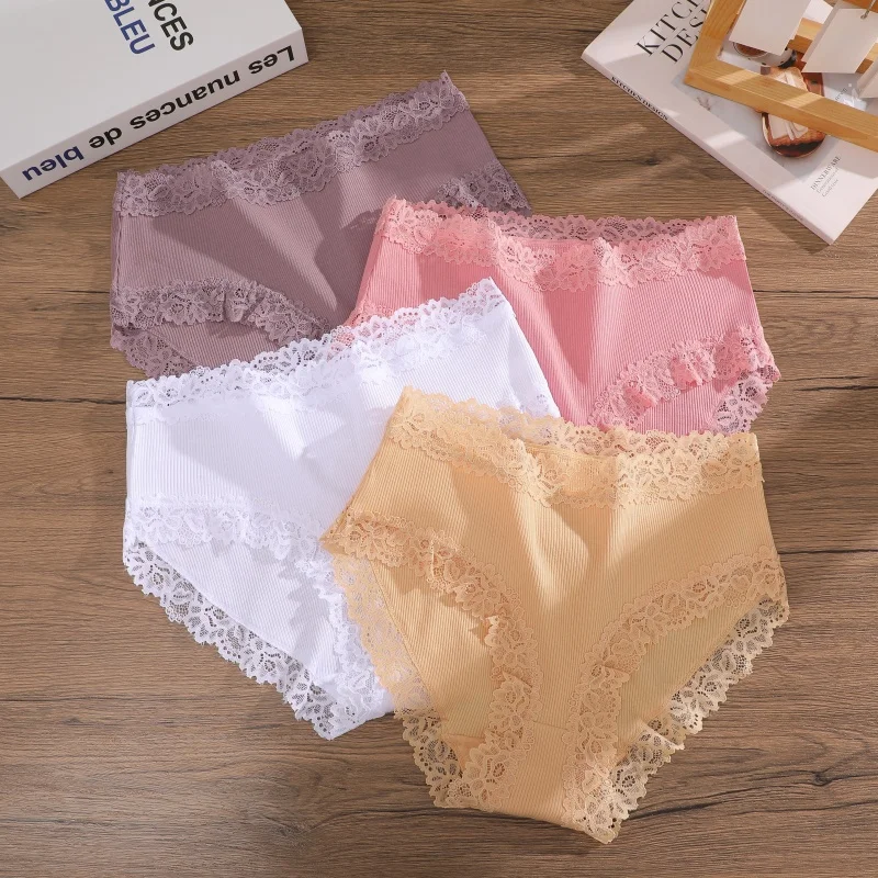 3PCS/Set Women Cotton Panties Lace Low Waist Briefs Trendy Patchwork Lace Intimate Underwear Stretch Comfortable Ladies Lingerie