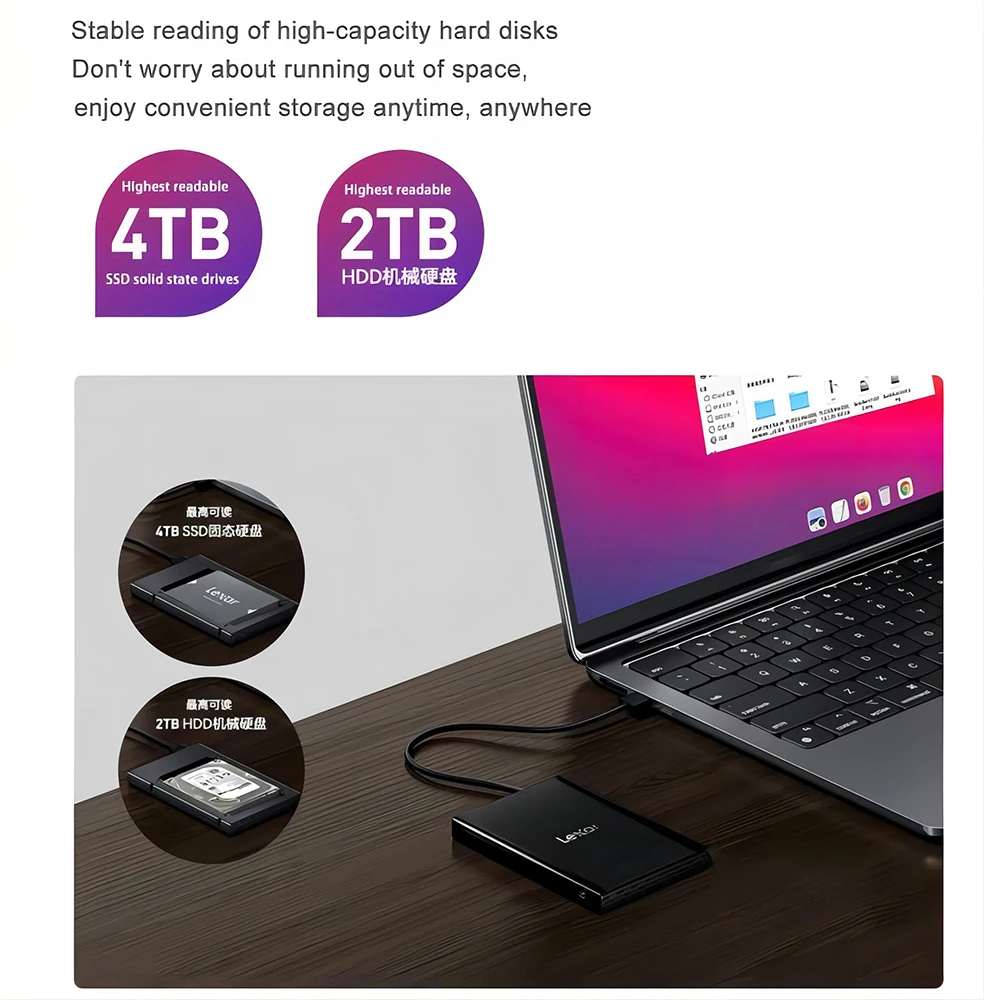 Lexar E100 Portable Hard Drive Box 2.5-inch USB Type A 6Gbps USB3.2 high-speed SATA Solid State HDD USB 3.0 machine universal external hard drive box