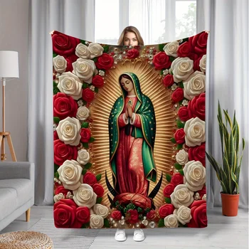 Virgin Mary with Roses Flannel Throw Blanket 1