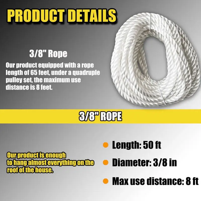 Rope Hoist Pulley System 5:1 Lifting Power 3/8 Rope Pulley Hoist 2200 Lbs Breaking Strength Heavy Duty Pulley System Rope Pulley 5