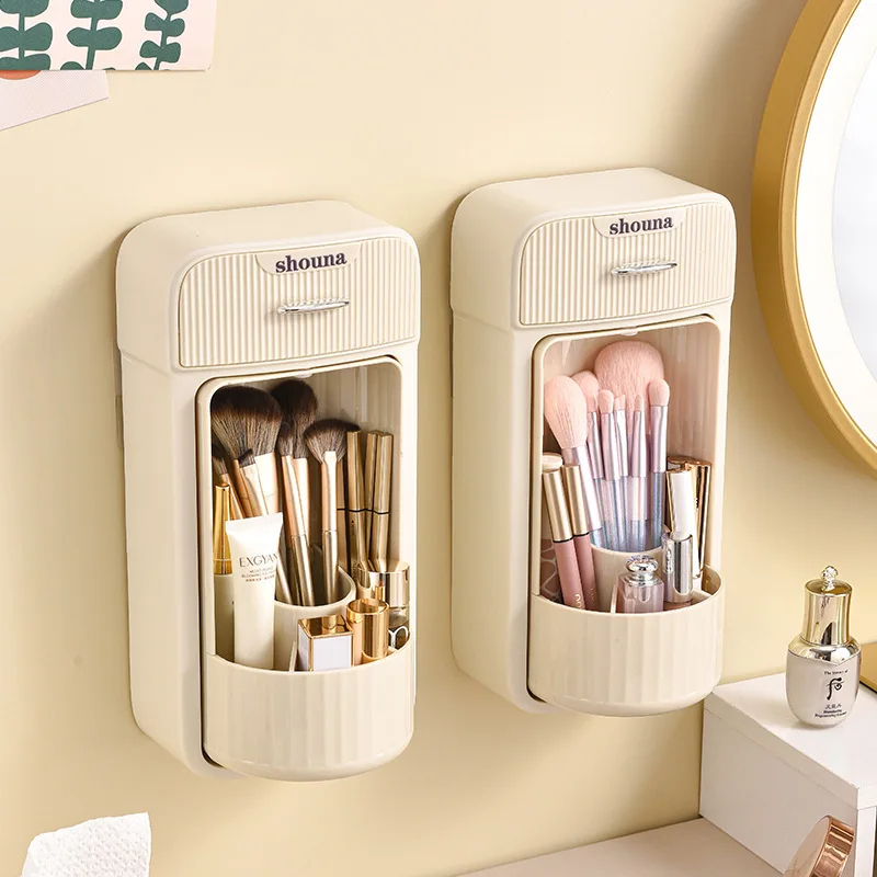 Wall-mounted Cosmetic Storage Box Rotating Lipstick Storage Rack with Drawer Dustproof Make Up Organizer Bathroom Accessories 3