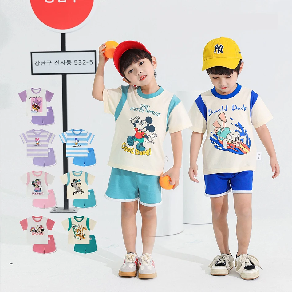 

2Pcs Disney Mickey Daisy Children Short Sleeve T-Shirt + Shorts Set Elsa Girl Toddler Clothing Korean Boys Pure Cotton Top+Pants