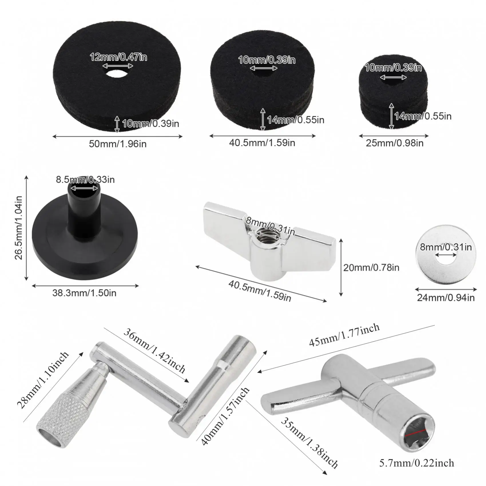 23pcs Standard Size Cymbal Stand Sleeves and Felt for Drum Set with Base Wing Nuts Cymbal Washer and Drum Keys Replacement