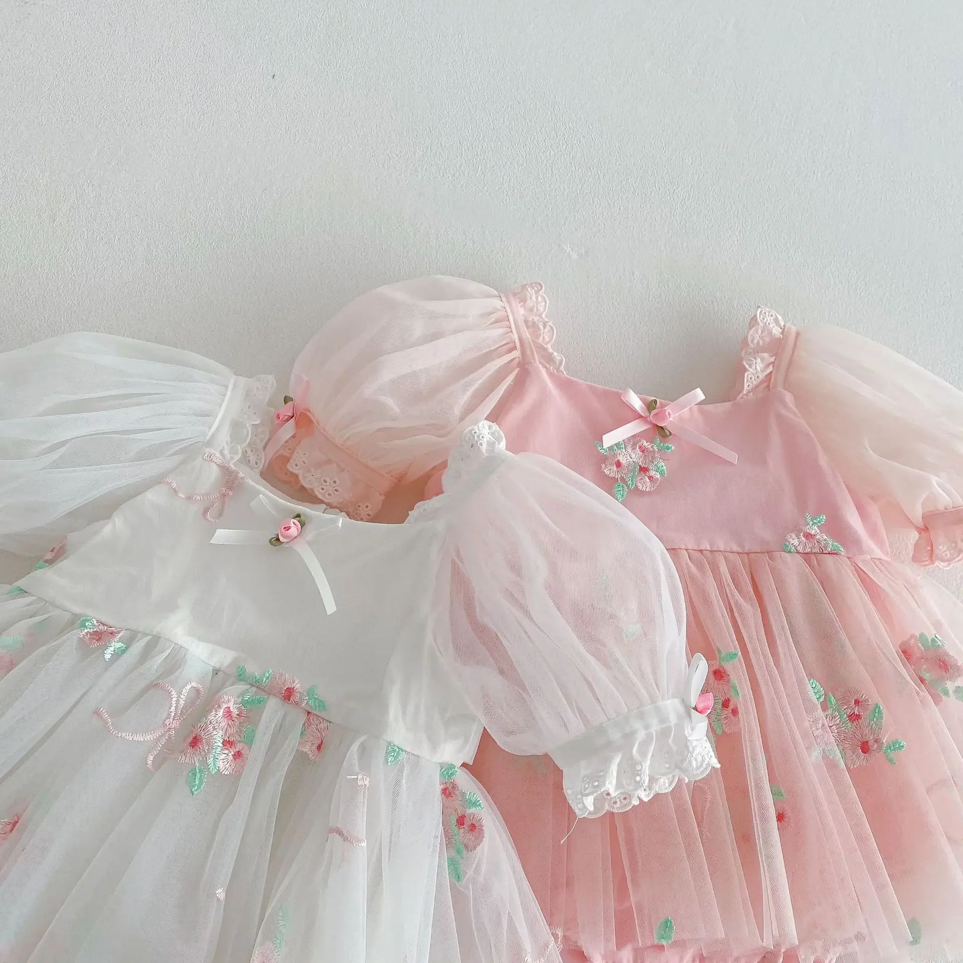 Princess Style Baby Girl Bubble Sleeve Bib Overalls Cotton Embroidered Skirt Large Bowknot Net Gown Infant Summer Clothes