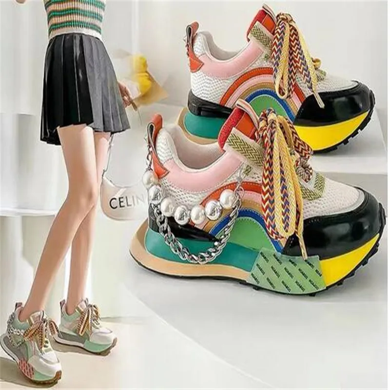 Women's Sneakers Original Design Pearl Chain Shoes Women Fashion Colorful Original Bottom Casual Sneakers For Girl