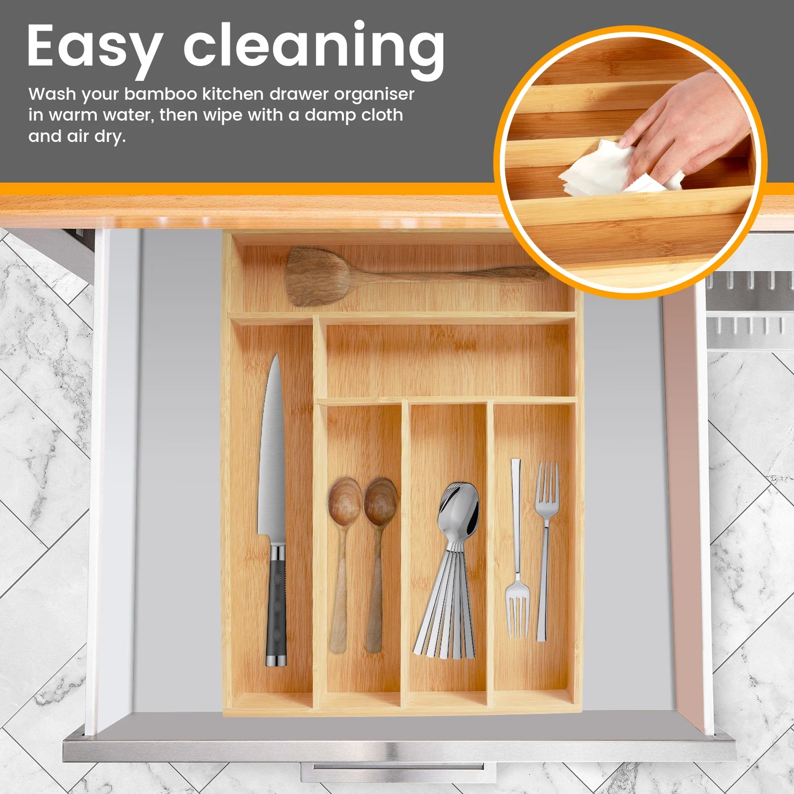 New Kitchen Drawer Cutlery Organizer 5/6 Compartments Bamboo Drawer Box Silverware Tray Durable Kitchen Drawer Organizer Tray 6