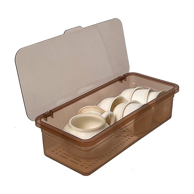 Tea Set Storage Box Dustproof Tea Cup Storage Container with Drain