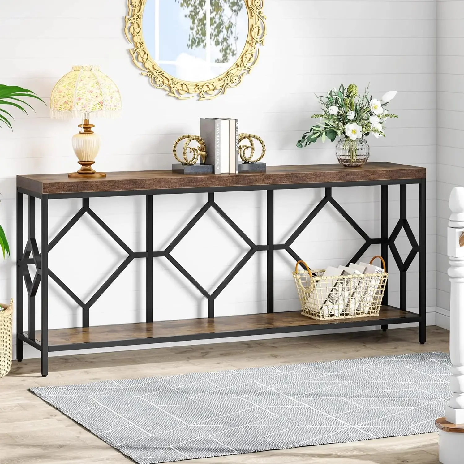 

71 Inch Extra Long Sofa Table, Narrow Long Sofa Console Tables Behind Couch Table with Open Storage Shelf