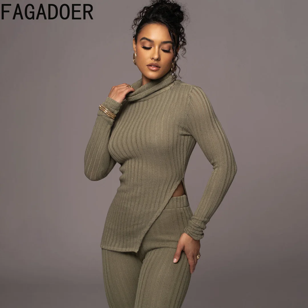 FAGADOER Autumn Casual Solid Color Knitting Two Piece Sets Women Turtleneck Long Sleeve Slit Top And Skinny Pants Home Outfits