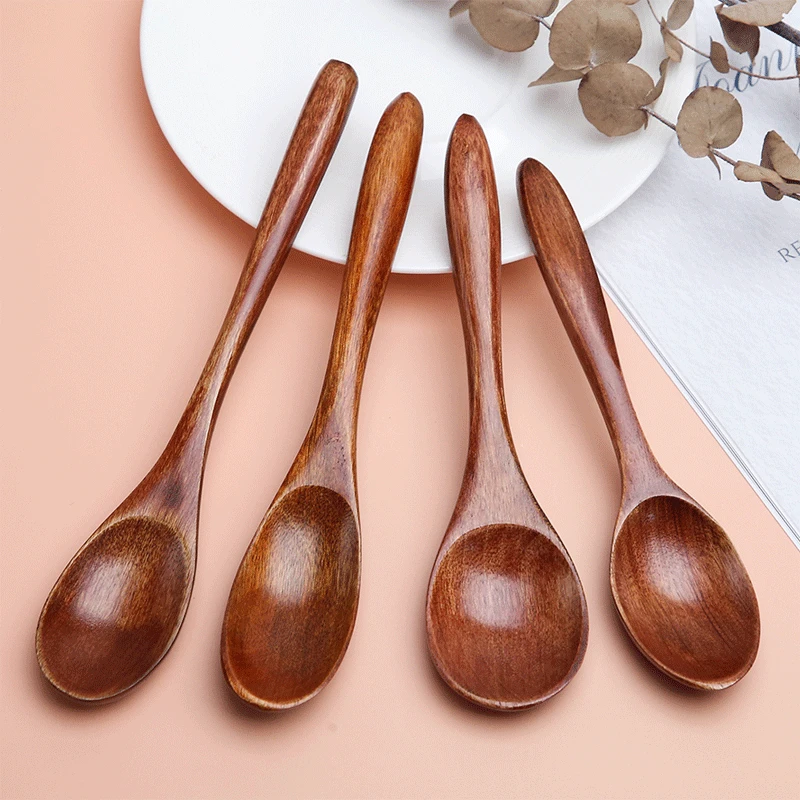 Natural Wood Spoons Japanese Style Long Handle Soup Spoon Coffee Milk Teaspoon Scoops Kitchen Tableware Cooking Tools