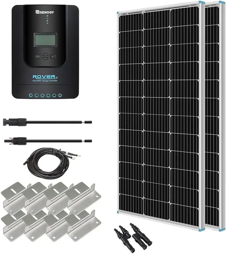 

Renogy 200W 12V Monocrystalline Panel Starter 40A Rover MPPT Controller/Mounting Z Brackets/Tray Cable/Adaptor Kit,