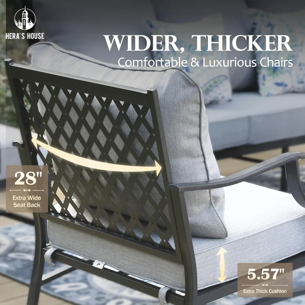 6 Piece Patio Furniture Set, 2 X Rocking Cushioned Chair, 2 X Cushioned Ottoman, 1 X 3-Seat Sofa with Marbling Coffee Table 4