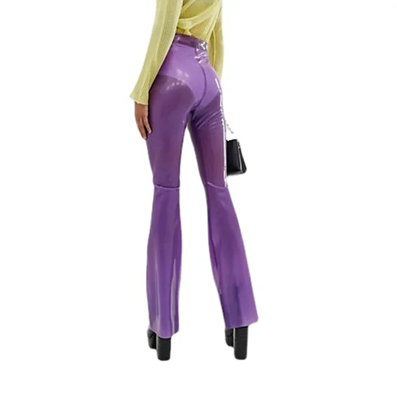 Transparent Plastic Long Pants for Women High Waisted Front Zip-up Sexy Skinny Flare Pants High Street Vintage Fashion
