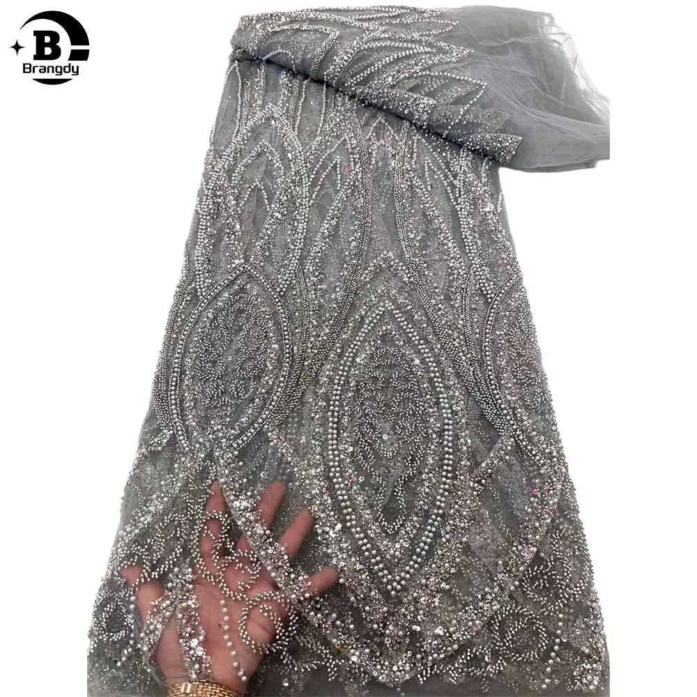 

Роскошная бисерная Кружевная Ткань 5 ярдов, бусины, серая кружевная ткань, вышитая африканская ткань для пошива платья X75034